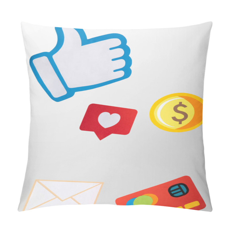 Personality  Paper Icons With Envelope, Coin, Credit Card, Hearts And Thumb Up On White Background Pillow Covers