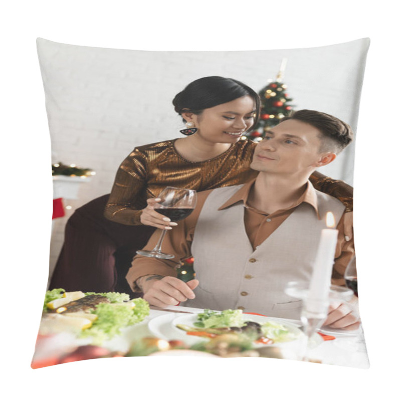 Personality  Happy Asian Woman Holding Glass Of Wine And Hugging Husband Near Festive Dinner During Christmas Celebration  Pillow Covers