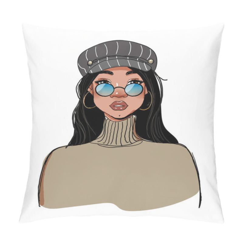 Personality  Beautiful Black Hipster Girl In Blue Glasses And A Fashionable Cap. Linear Sketch, Model Of A Woman In Fashionable Clothes. Vector Illustration Isolated On A White Background. Pillow Covers