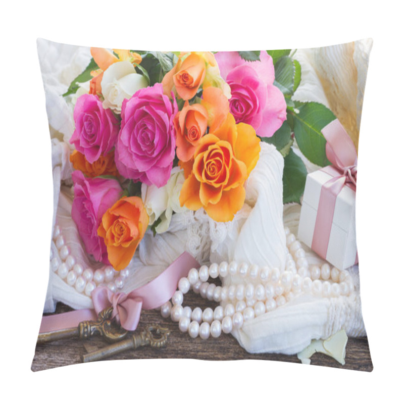 Personality  Pink And Orange Roses With Lace Pillow Covers