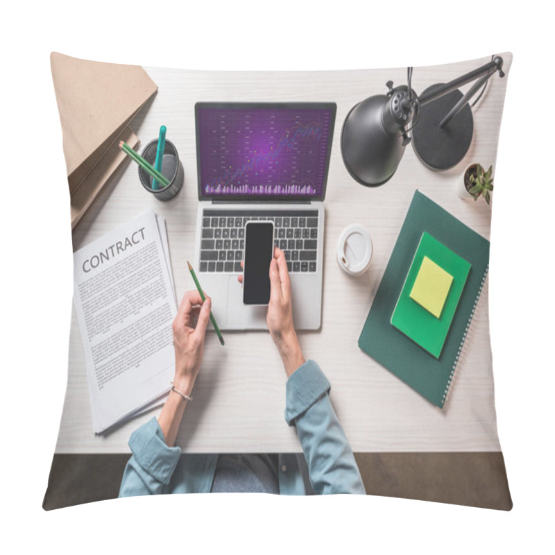 Personality  Cropped Image Of Businessman With Smartphone At Table With Contract, Stationery And Laptop With Graph On Screen Pillow Covers