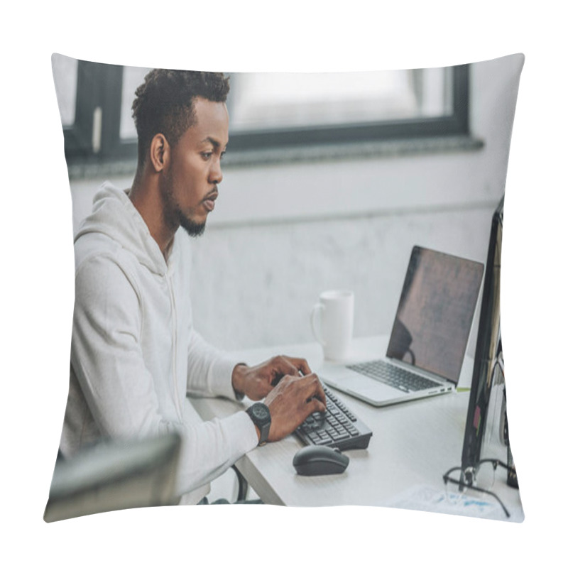 Personality  Selective Focus Of Attentive African American Programmer Working On Computer In Office Pillow Covers