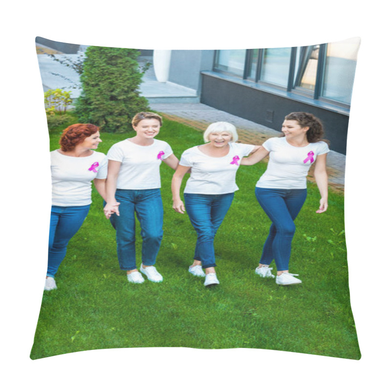 Personality  High Angle View Of Four Smiling Women With Breast Cancer Awareness Ribbons Walking Together  Pillow Covers