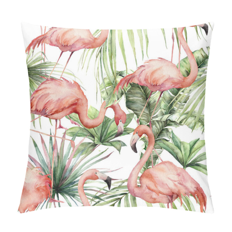 Personality  Watercolor Seamless Pattern With Pink Flamingos And Tropical Leaves. Hand Painted Birds And Jungle Greenery. Floral Illustration Isolated On White Background For Design, Print, Fabric Or Background. Pillow Covers