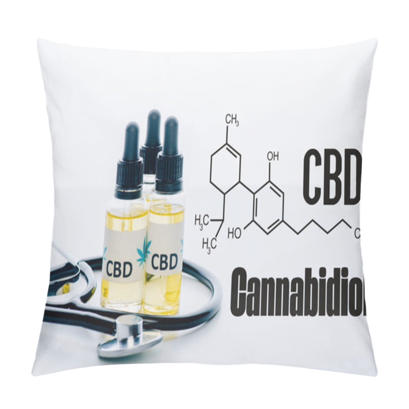 Personality  Cbd Oil In Bottles And Stethoscope Isolated On White With Cbd Molecule Illustration Pillow Covers