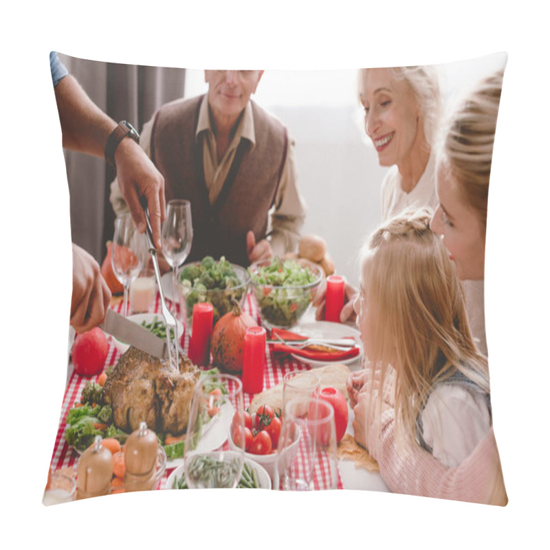 Personality  Cropped View Of Family Members Sitting At Table And Father Cutting Tasty Turkey In Thanksgiving Day       Pillow Covers