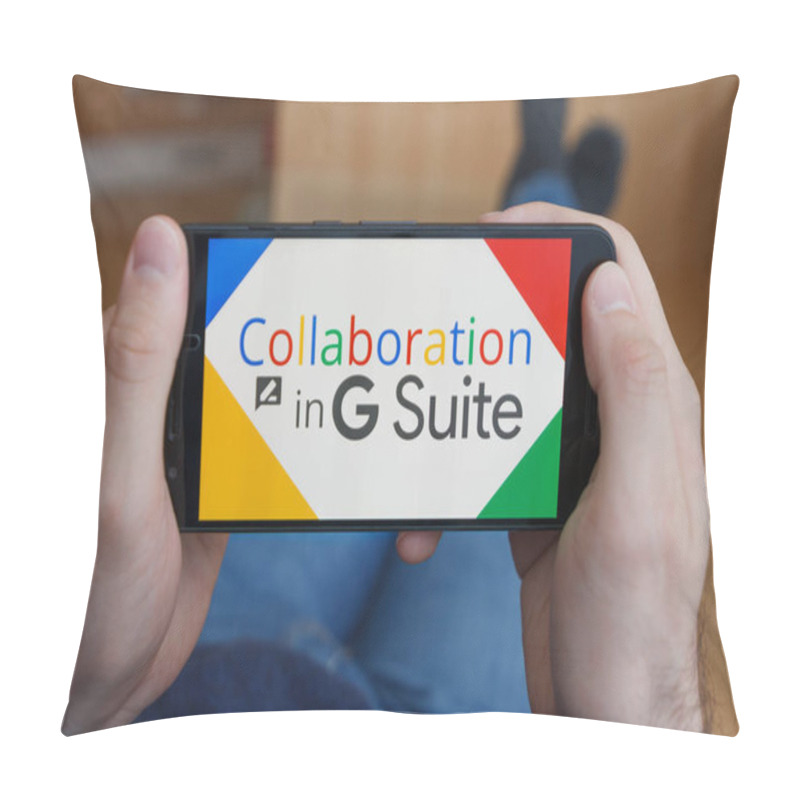 Personality  LOS ANGELES, CALIFORNIA - JUNE 3, 2019: Close Up To Male Hands Holding Smartphone Using G Suite Application Collaboration. An Illustrative Editorial Image Pillow Covers