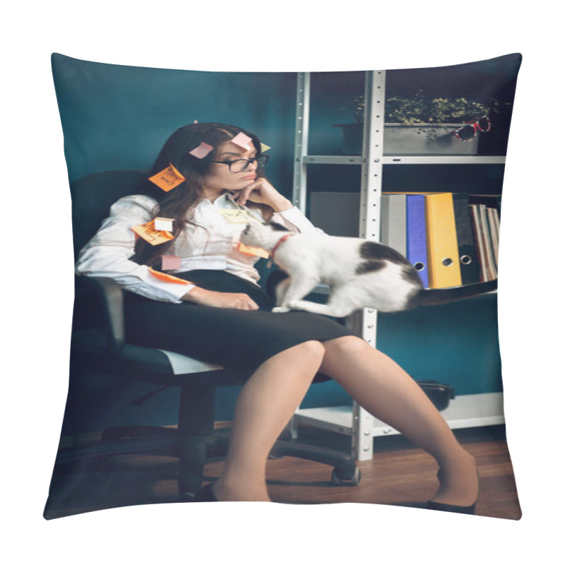 Personality  Woman With Stickers All Over Her Holding Cat. Pillow Covers