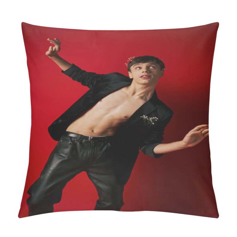 Personality  Dreamy Young Man In Black Attire With Flowers In His Hair And Attire Gesturing On Red Background Pillow Covers