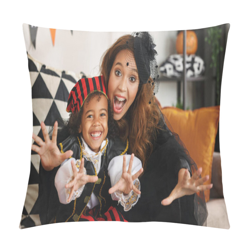 Personality  Joyful African American Family Mother And Little Boy Son In Halloween Costumes Making Scary Gesture And Looking At Camera While Sitting On Sofa In Decorated Living Room, Celebrating All Hallows Day Pillow Covers