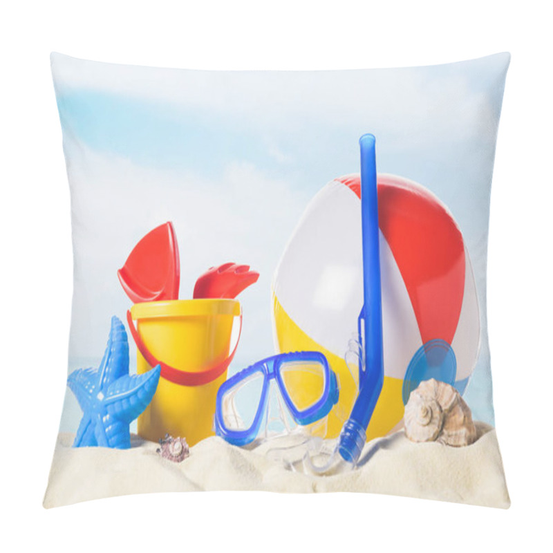 Personality  Diving Mask With Beach Ball And Toys In Sand On Blue Sky Background Pillow Covers