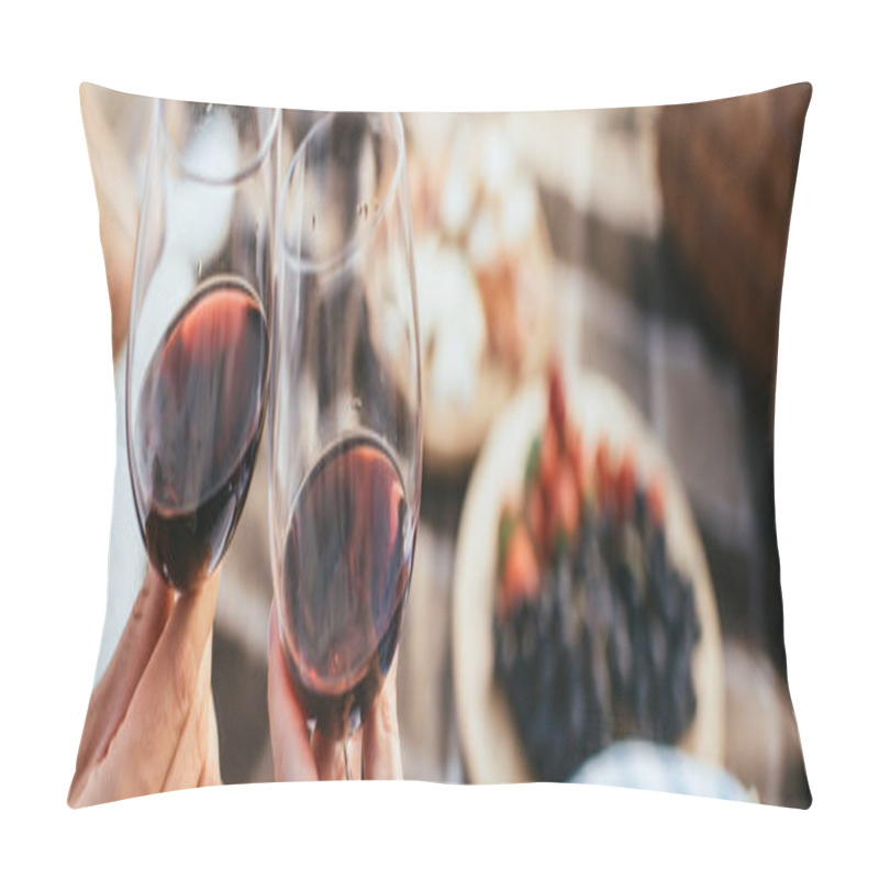 Personality  Panoramic Crop Of Couple Clinking Glasses With Red Wine  Pillow Covers