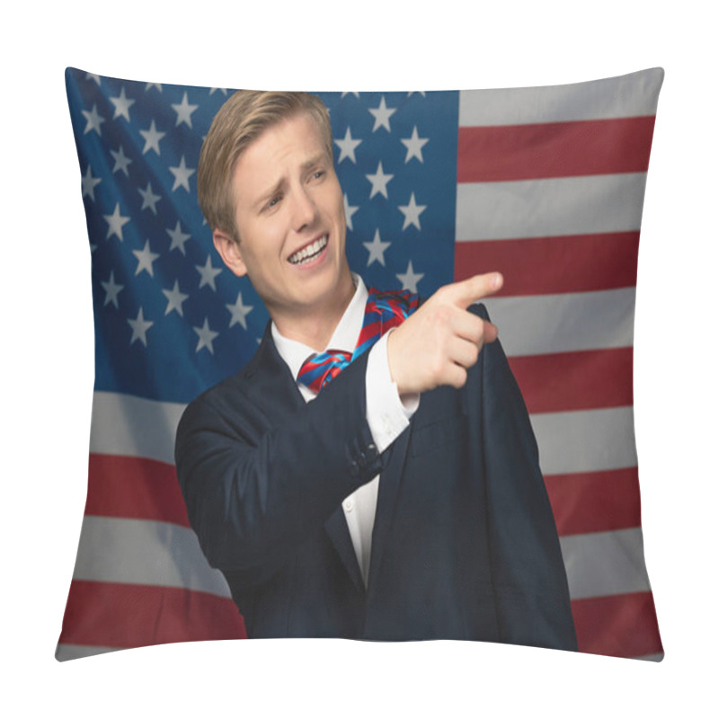 Personality  Smiling Man Pointing With Finger Away On American Flag Background Pillow Covers