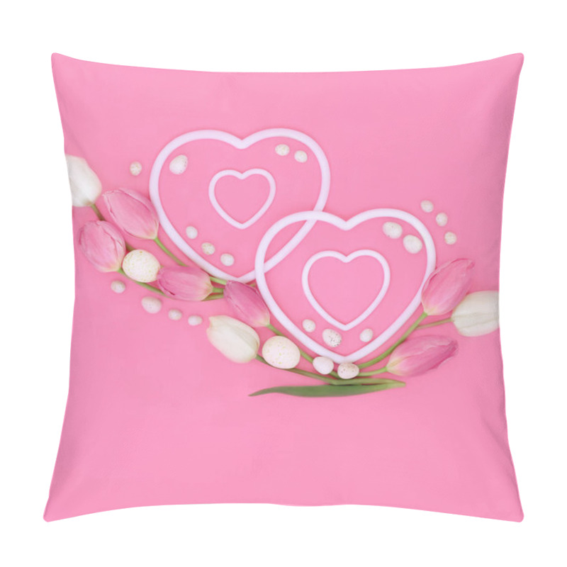 Personality  Easter Eggs And Spring Tulip Flowers With Two Double Heart Shaped Frames On Pink Background. Springtime Floral Nature Love Concept. Pillow Covers