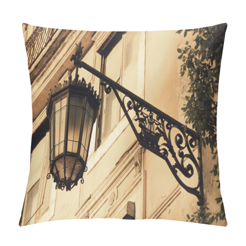 Personality  Lantern With Lisbon Symbol (ship With Two Ravens) On The Old Building In The Centre Of Lisbon (Portugal). Aged Photo. Pillow Covers