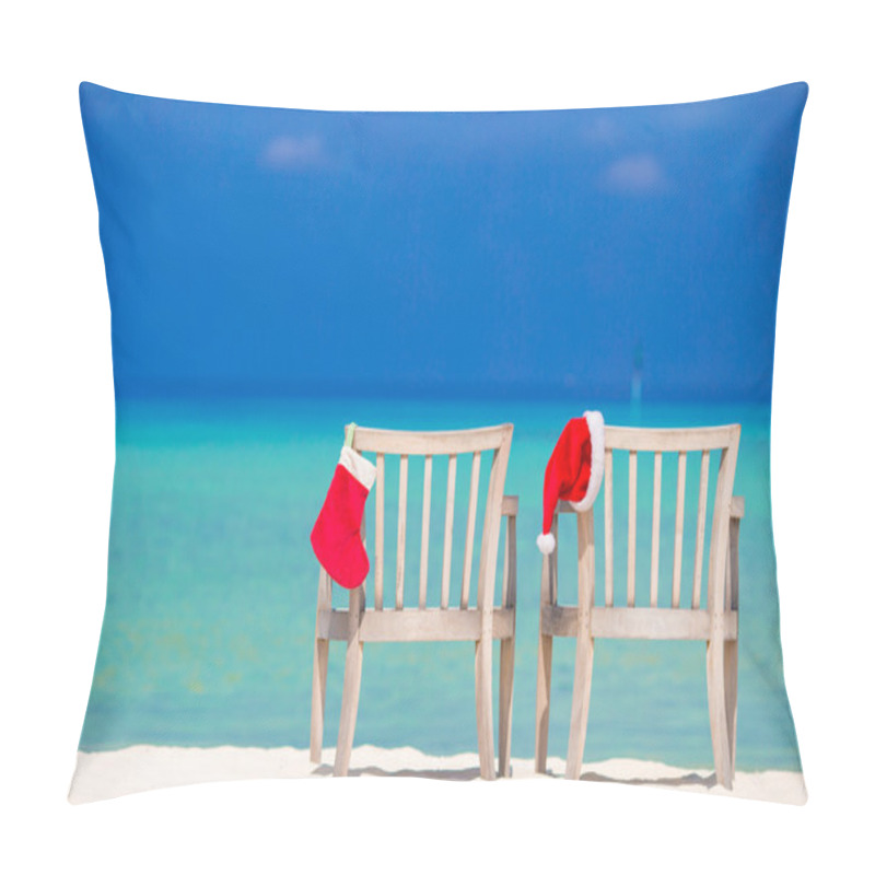 Personality  Red Christmas Stocking And Santa Hat On Chair At Tropical White Beach Pillow Covers