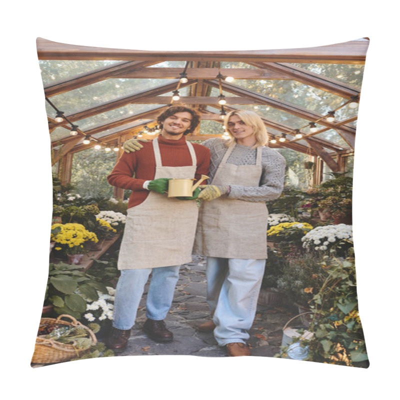 Personality  In A Serene Greenhouse, Two Young And Handsome Men Share A Joyful Moment While Surrounded By Colorful Flowers. Pillow Covers