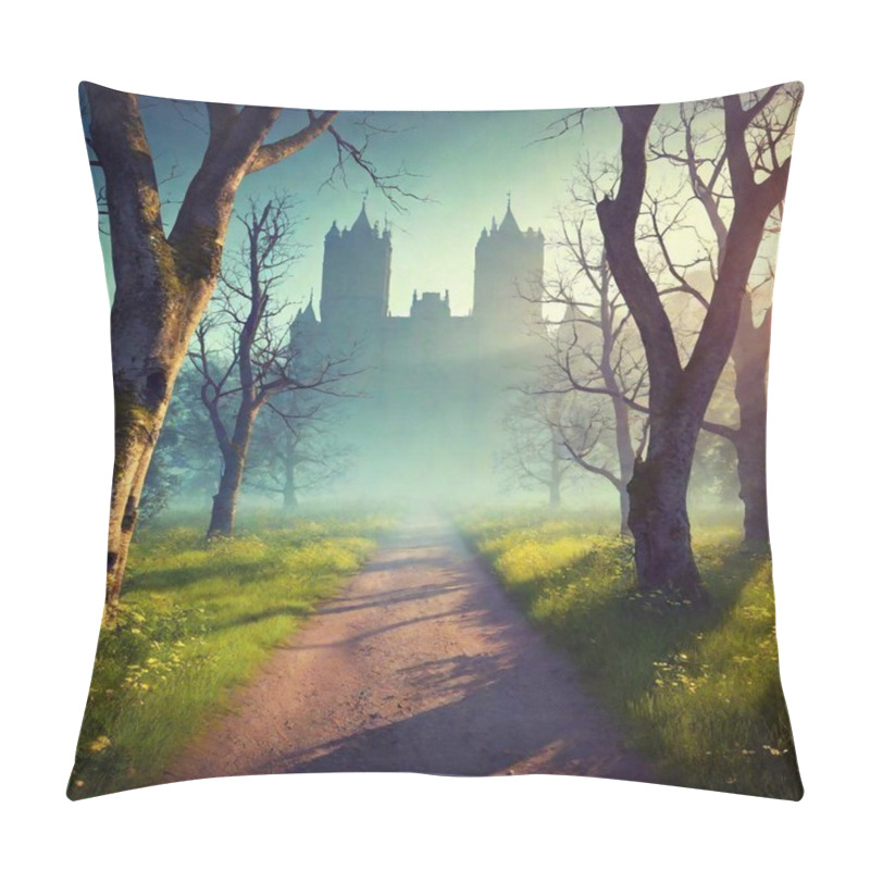 Personality  A High-resolution Digital Artwork Of A Mystical Forest Pathway Leading To An Ancient, Fog-shrouded Castle. The Path, Composed Of Earthy Dirt And Strewn With Faint Traces Of Footprints, Winds Through Lush Greenery And Wildflowers. The Gnarled Pillow Covers