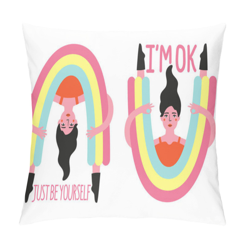 Personality  Vector Set With Girl In Rainbow Style Pants. I'm Okay And Just B Pillow Covers