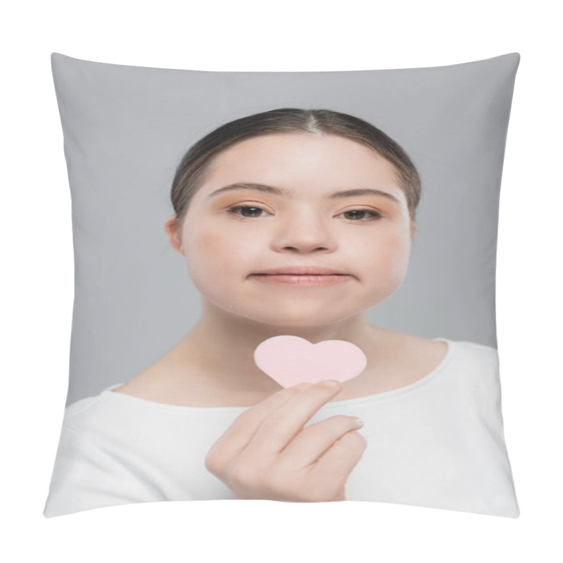 Personality  Young Woman With Down Syndrome Holding Heart Shaped Sponge Isolated On Grey  Pillow Covers