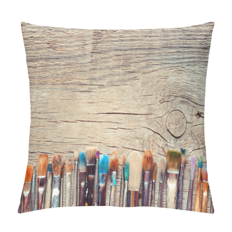 Personality  Row Of Artist Paintbrushes Closeup On Old Wooden Rustic Backgrou Pillow Covers