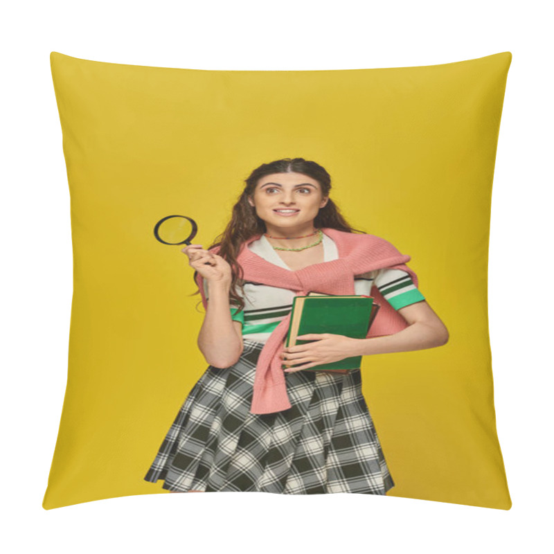 Personality  Curious Young Woman Holding Books And Magnifier, Zoom, Discovery, Student In College Outfit, Smile Pillow Covers