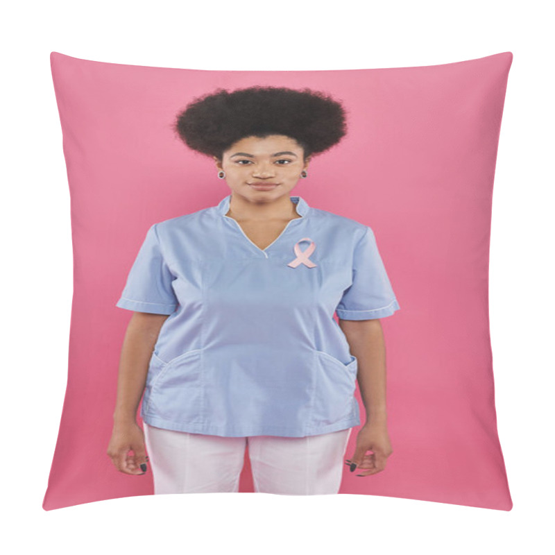 Personality  African American Female Doctor With Ribbon Of Breast Cancer Awareness Standing Isolated On Pink Pillow Covers