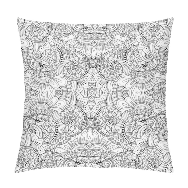 Personality  Monochrome Seamless Pattern With Tribal Ornament. Endless Floral Motif. Tile Background, Kaleidoscope. Coloring Book Page. Vector Contour Illustration. Abstract Mandala Art, Doodle Sketchy Style Pillow Covers