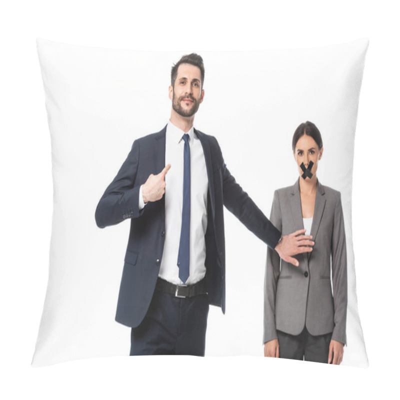 Personality  Arrogant Businessman Pointing With Finger At Himself And Touching Woman With Scotch Tape On Mouth Isolated On White Pillow Covers