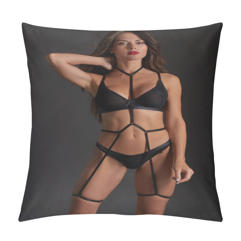 Personality  Beautiful Woman In Underwear And Leather Bandage. Sexy Body Girl Weared Swordbelt Posing Against Dark Grey Background. Pillow Covers