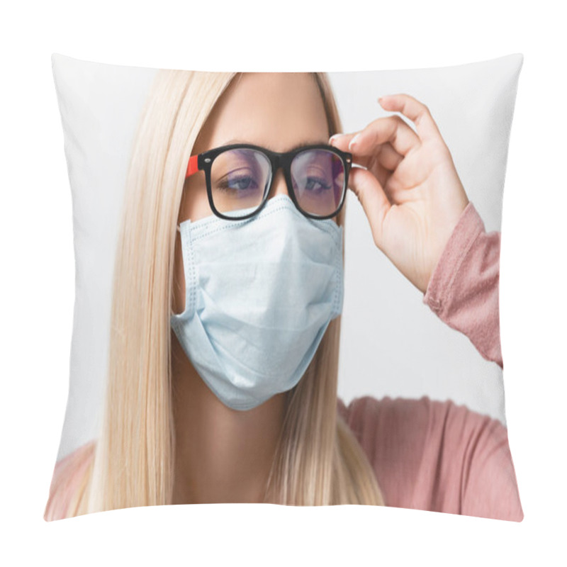 Personality  Squint Woman In Medical Mask Touching Eyeglasses Isolated On Grey Pillow Covers