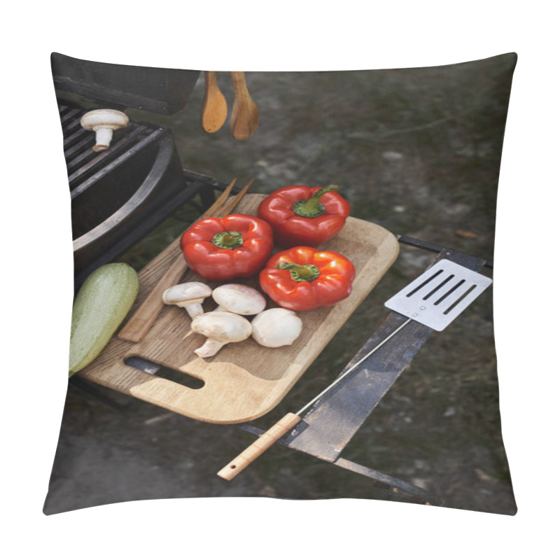 Personality  Top View Of Fresh Vegetables On Cutting Board Near Barbecue During Picnic Outdoors, Food And Nature Pillow Covers