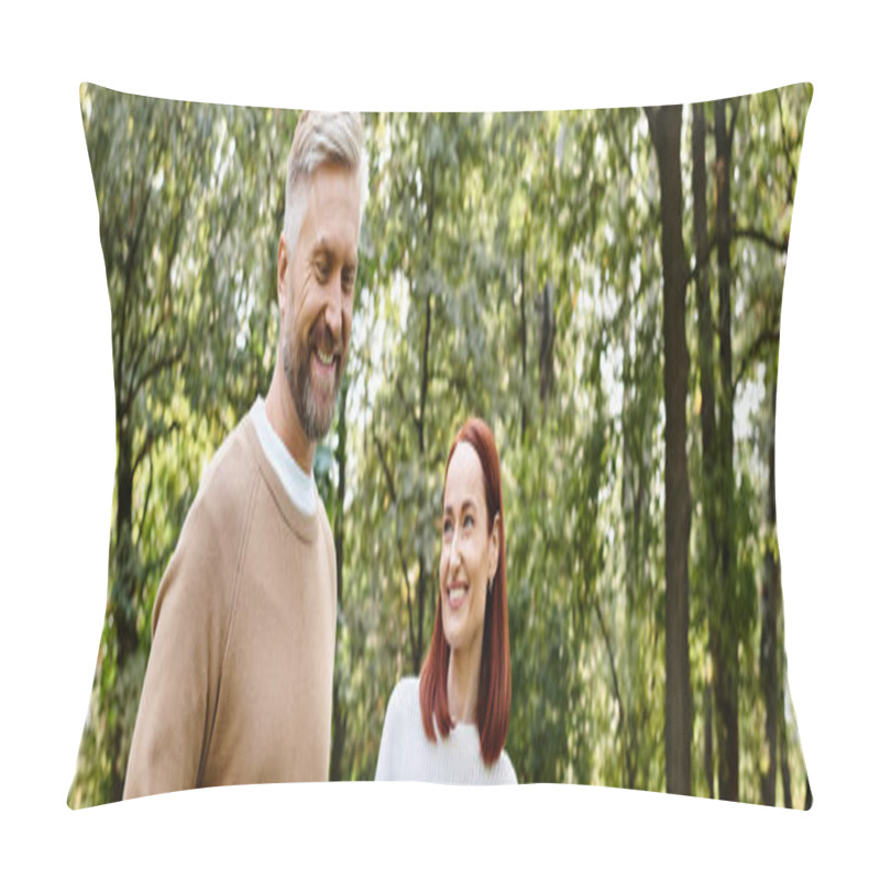 Personality  A Couple Leisurely Walks Through A Lush Forest. Pillow Covers