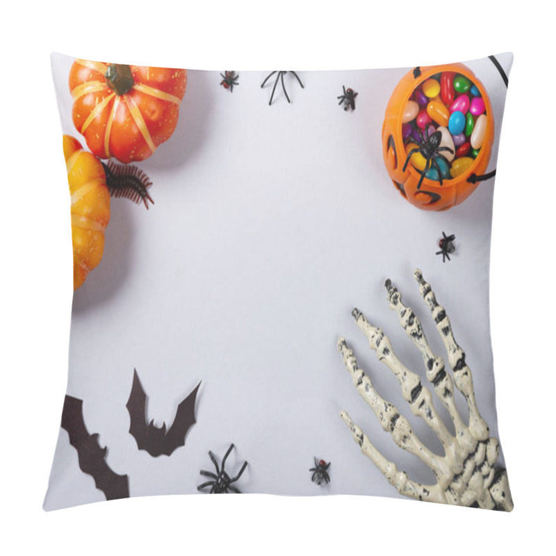 Personality  Halloween And Decoration Concept, Pumpkins, Bats, Skeleton Arm And Candies On Gray Background. Pillow Covers