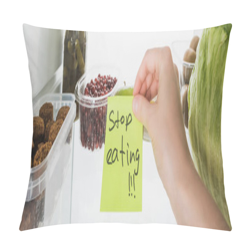 Personality  Panoramic Shot Of Food In Fridge And Woman Holding Card With Stop Eating Lettering Isolated On White Pillow Covers