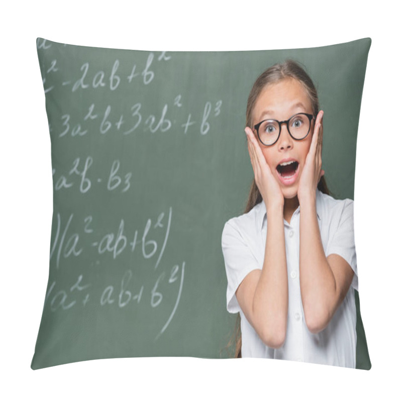 Personality  Astonished Schoolchild Touching Face And Looking At Camera Near Chalkboard Pillow Covers