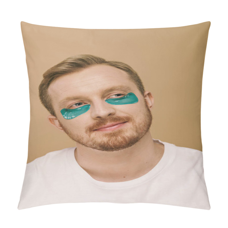 Personality  A Man Playfully Wears A Blue Eye Patches. Pillow Covers