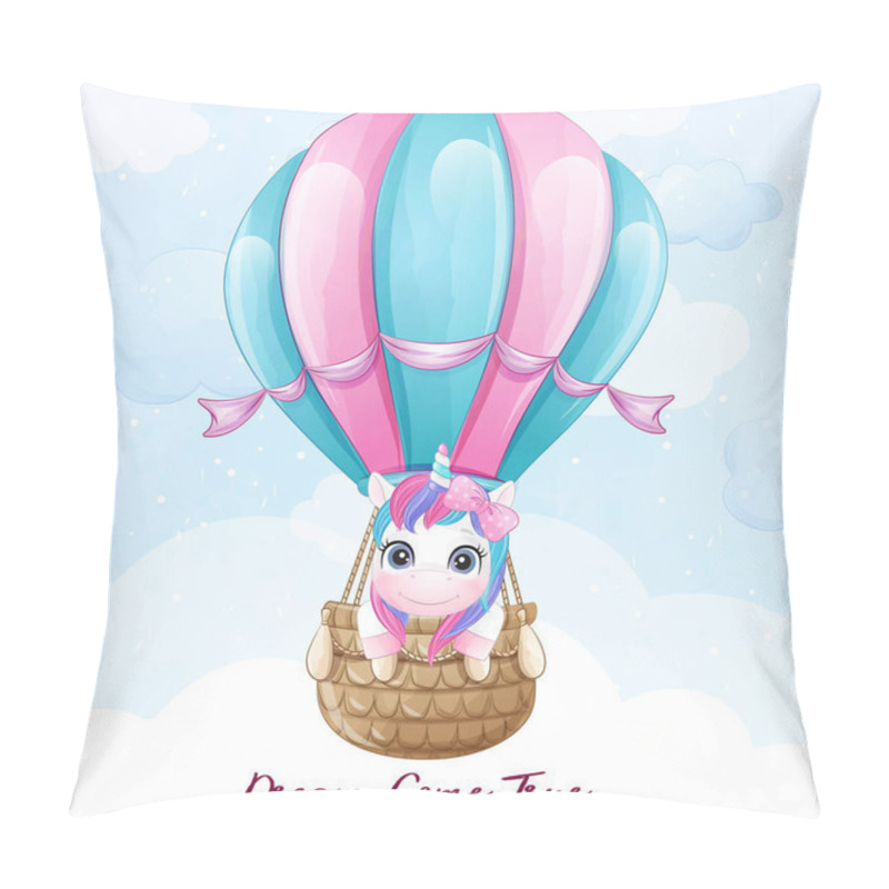 Personality  Cute Doodle Unicorn Flying With Air Balloon Illustration Pillow Covers