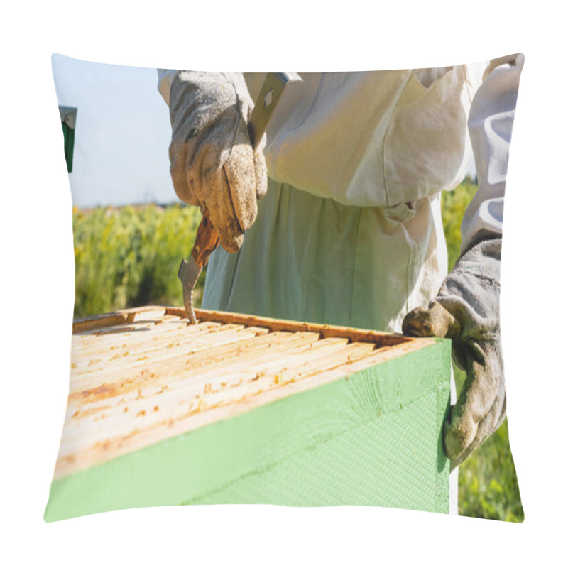 Personality  Cropped View Of Beekeeper Inspecting Beehive With Frame Gripper  Pillow Covers