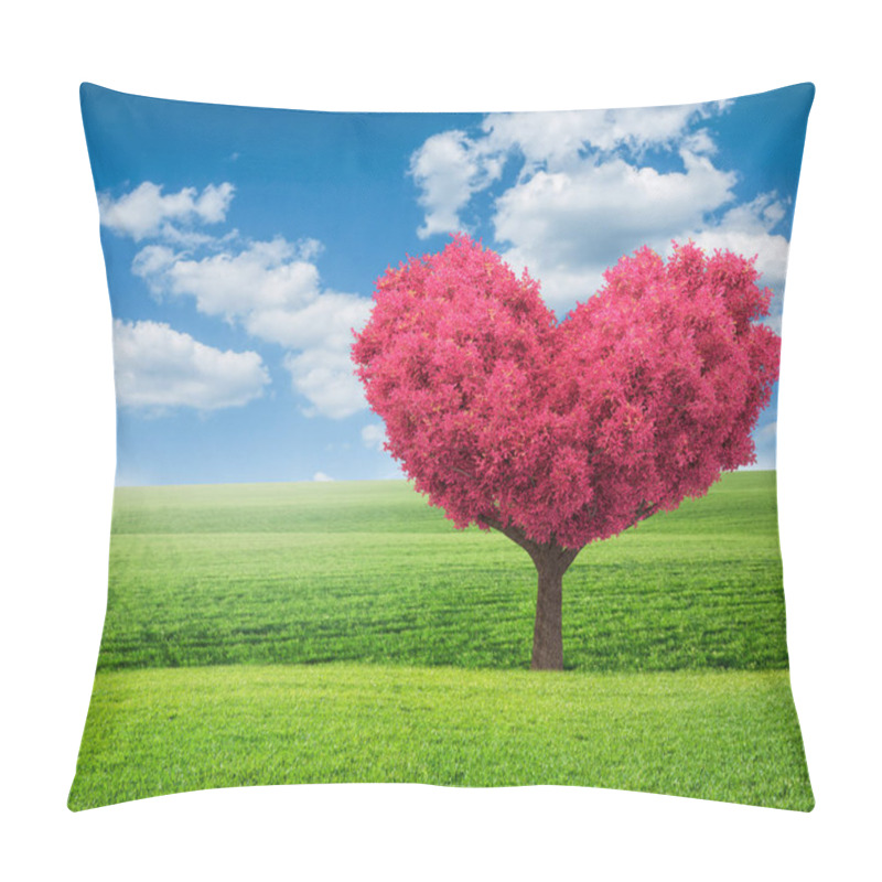 Personality  Summer Green Field And Pink Tree In Shape Of Heart Pillow Covers