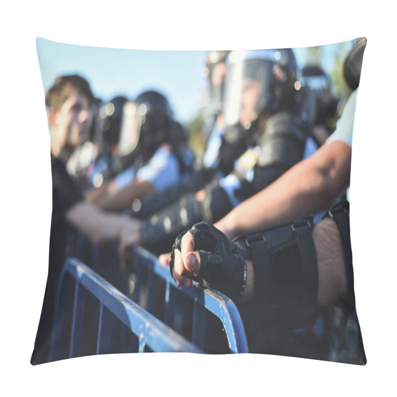 Personality  Police Officer Hands On A Security Fence During A Riot Pillow Covers