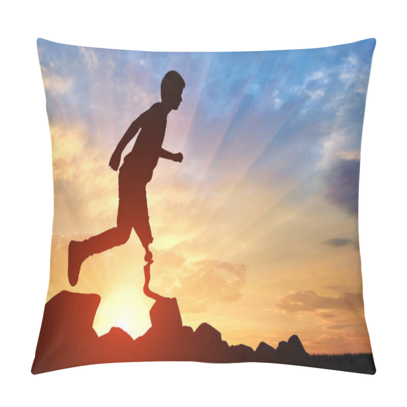 Personality  Silhouette Of Disabled Boy With Prosthetic Leg Running On Rocks Against Stunning Sunset. Ideal For Inspirational And Motivational Content Pillow Covers