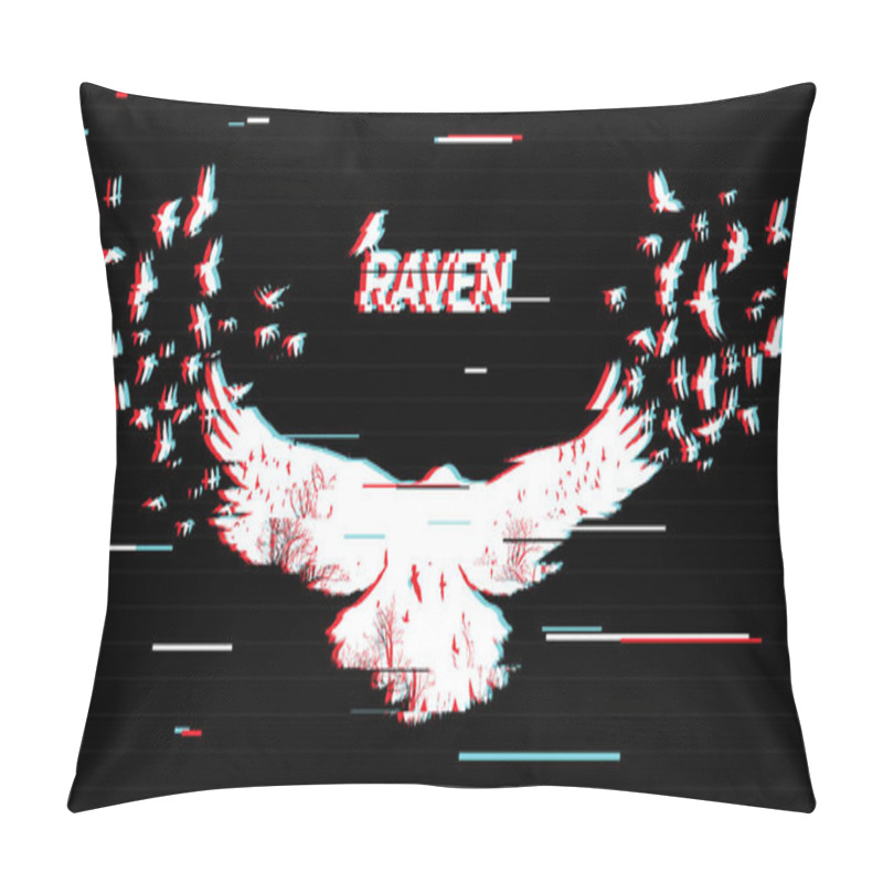 Personality  Vector Illustration Of The White Raven Silhouette With The Fluttering Wings On A Black Background Double Exposure With Glitch Effect.  Pillow Covers