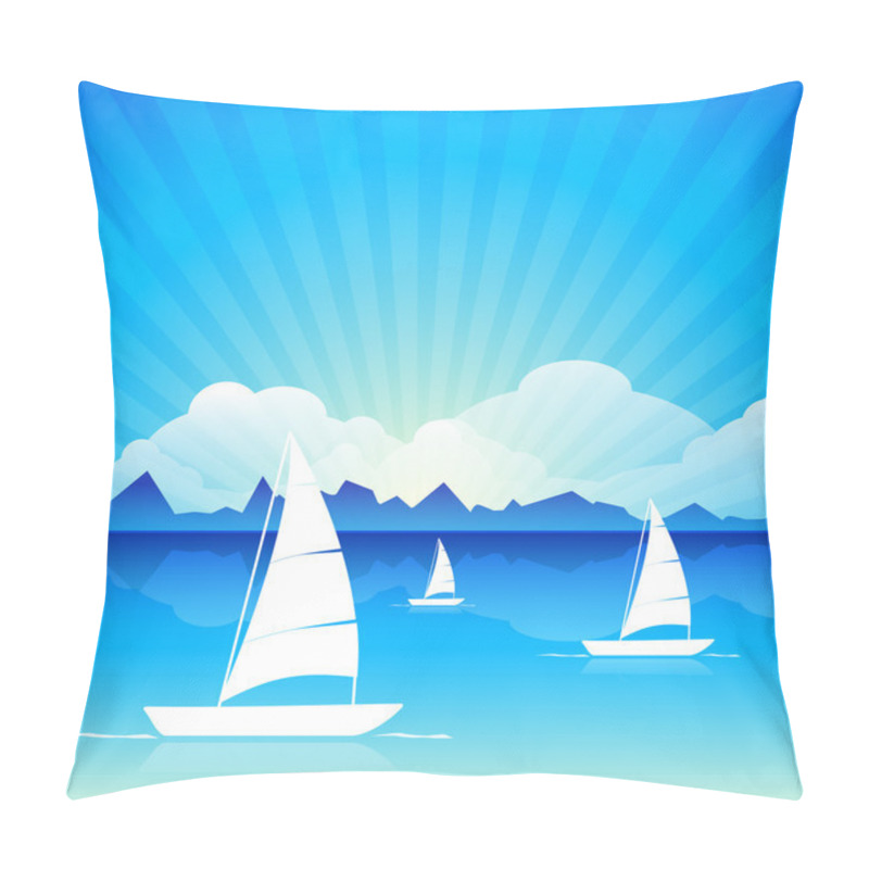 Personality  Vector Illustration Of A Calm Sea With Boats On Beautiful Nature Background. EPS 10 Pillow Covers