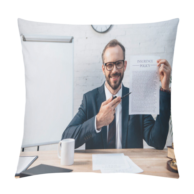 Personality  Selective Focus Of Lawyer In Glasses Holding Pen And Contract With Insurance Policy Lettering In Office Pillow Covers