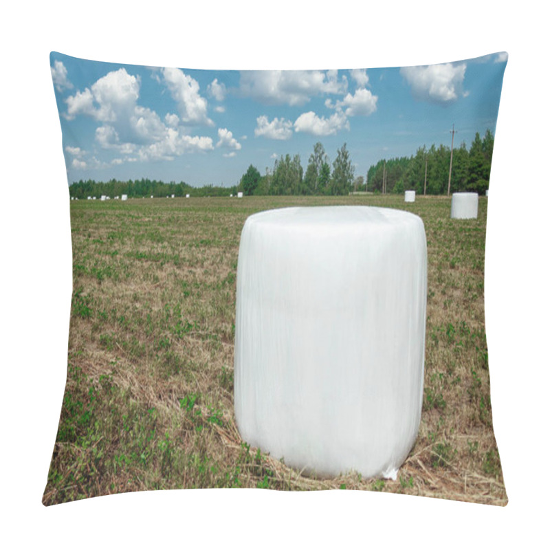 Personality  Agricultural Landscape With Straw Packages On Field. Cereal Bale Of Hay Wrapped In Plastic White Foil. Hay Harvesting, Grass Harvesting. Season Harvesting, Grass, Agricultural Land. Pillow Covers