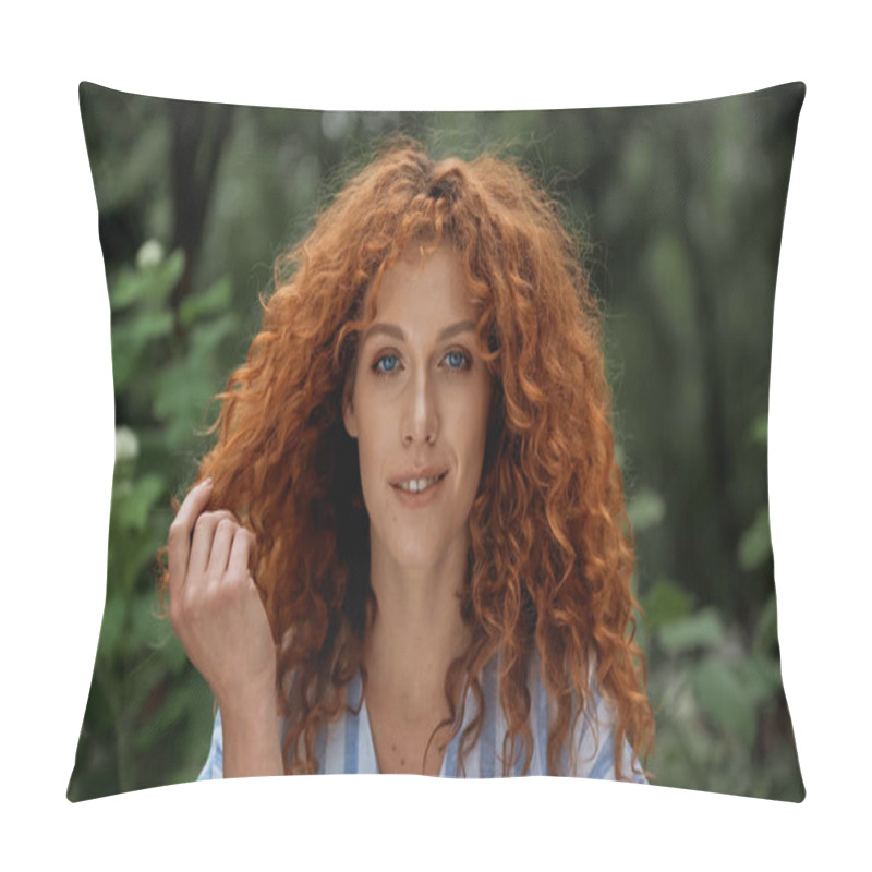 Personality  Pretty Redhead Woman With Blue Eyes Pulling Red Hair  Pillow Covers