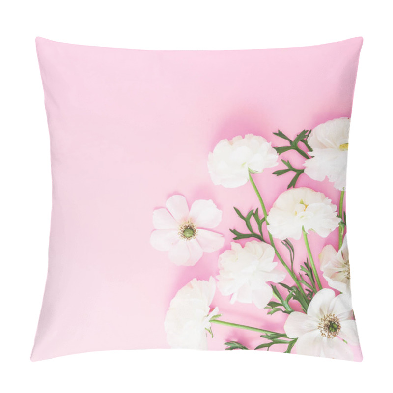 Personality  Floral Composition Of White Anemones Flowers On Pink Background. Flat Lay Pattern Pillow Covers