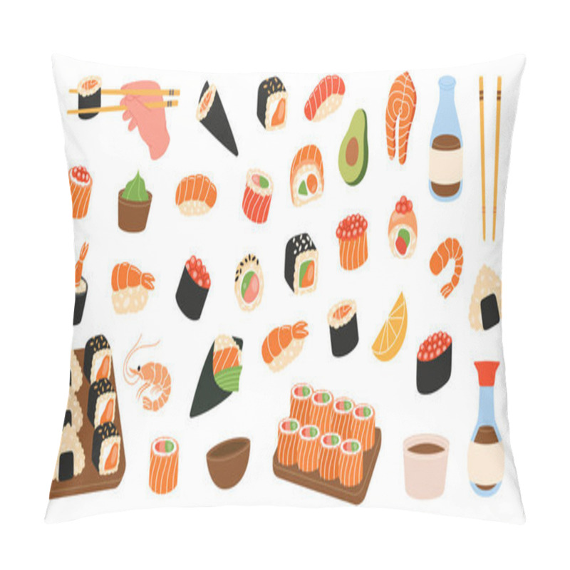 Personality  Seafood Sushi Rolls. Japanese Cuisine, Traditional Foods. Ikura Sushi, Tobiko Maki, Philadelphia Roll, Onigiri, Shrimp Nigiri, Tekkamaki Tuna Roll, Futomaki, Sake Temaki, Soy Bowl, Vasabi. Pillow Covers