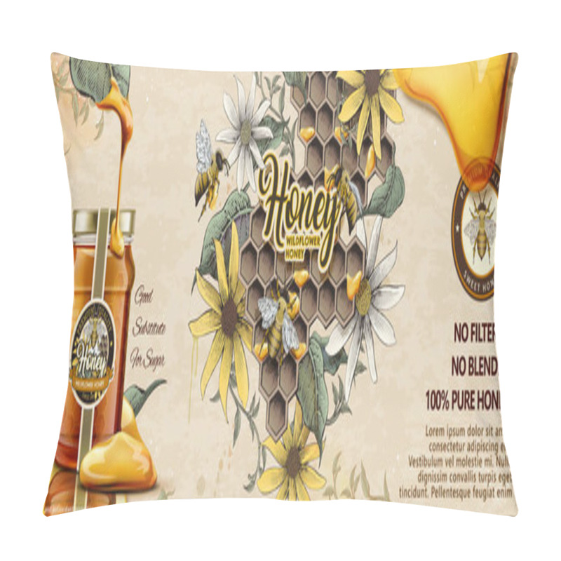 Personality  Wild Flower Honey Ads With 3d Illustration Glass Jar Filled With Nectar On Retro Engraving Apiary Background Pillow Covers